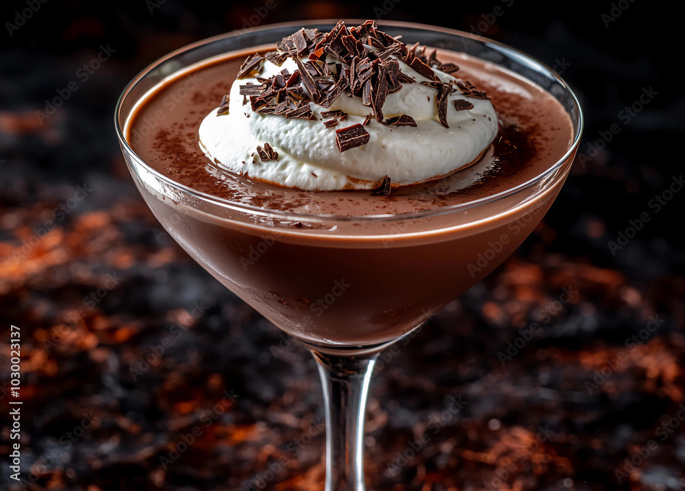  Chocolate martini with whipped cream and chocolate shavings on an ambient dark background. 