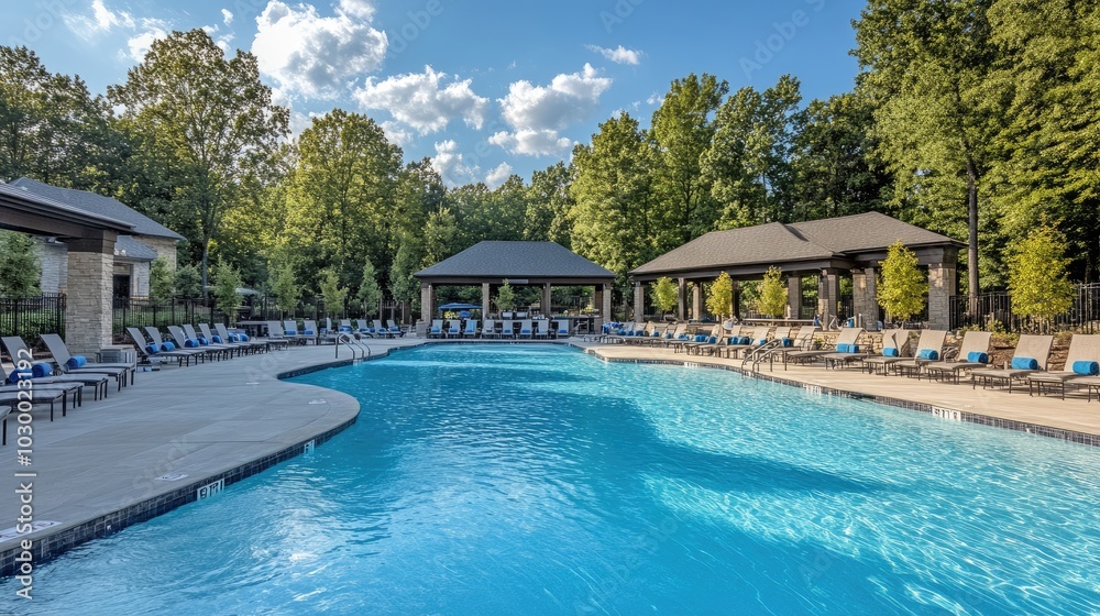 Fototapeta premium Serene Outdoor Pool Surrounded by Lush Nature