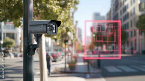 City surveillance camera with computer vision that recognizes objects and faces to identify threats and intelligent traffic control