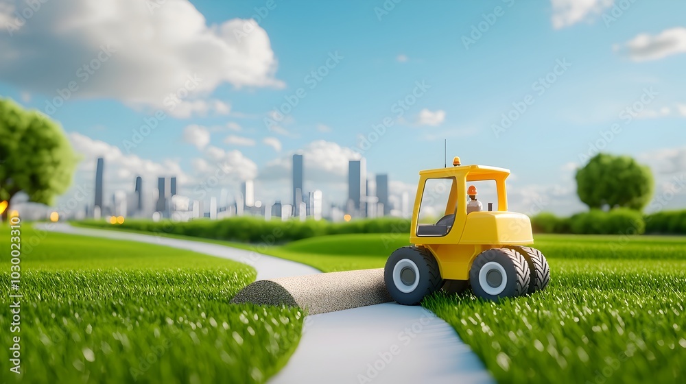 Automated Road Construction Site with Robots Laying Smart City Materials Automated Road Construction Site with Robots Laying Smart City Materials