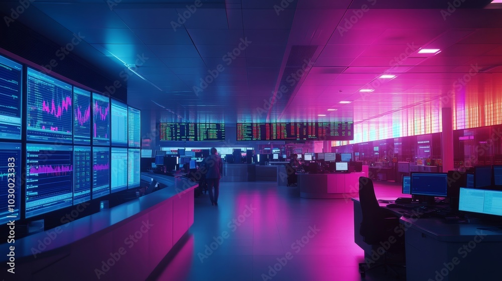 Futuristic office with glowing screens and high-tech data displays at night, showcasing an advanced data analysis environment. Futuristic office with glowing screens and high-tech data displays at night, showcasing an advanced data analysis environment.