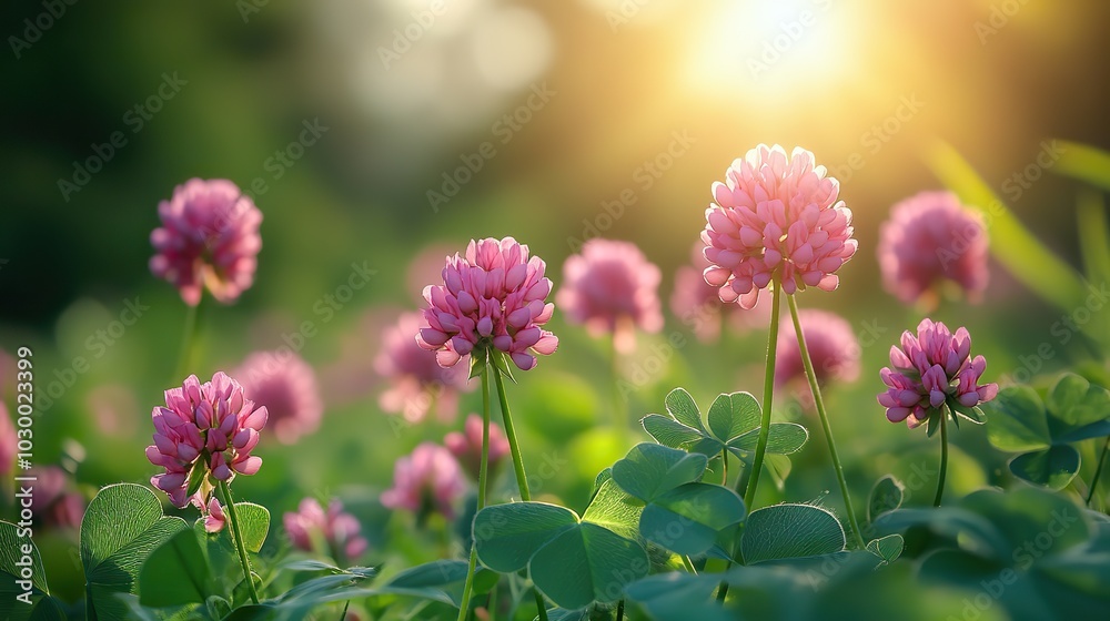 Fototapeta premium Pink clover flowers dot a green field in a serene summer nature scene.
