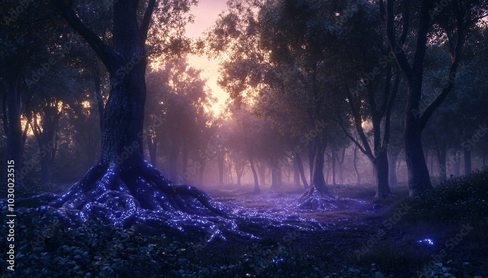 A dense forest at twilight, with tree roots and branches glowing ...