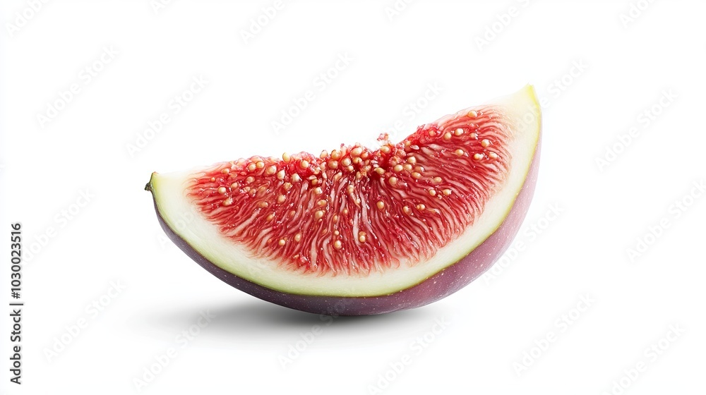 Isolated on a white background with clipping path, this image depicts a fig fruit cut into a wedge. Isolated on a white background with clipping path, this image depicts a fig fruit cut into a wedge.