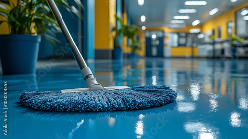 A close-up of mop mopping floor cleaning in office with cleaning cart and floor cleaning tools and equipment using mop cleaning from epoxy floor