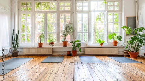 Sunlit Room with Yoga Mats and Plants by a Window photo