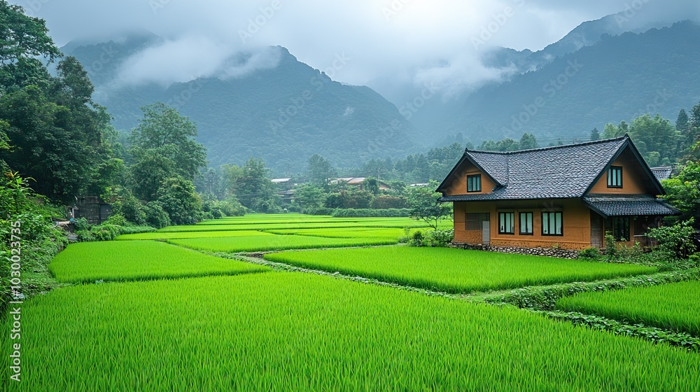 A rural landscape of rice fields set against mountainous scenery unfolds. A rural landscape of rice fields set against mountainous scenery unfolds.