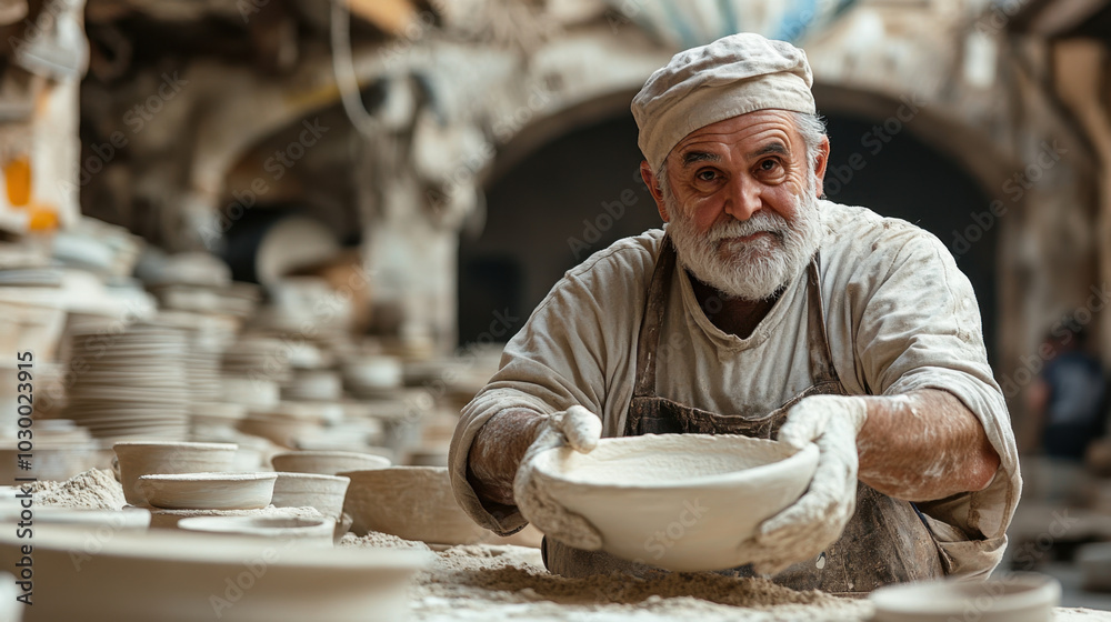 Smiling Potter Holding Ceramic Bowl in Workshop
