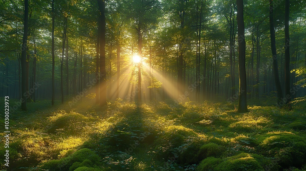 Obraz premium Morning sunlight filters through a lush green forest in this serene scene.