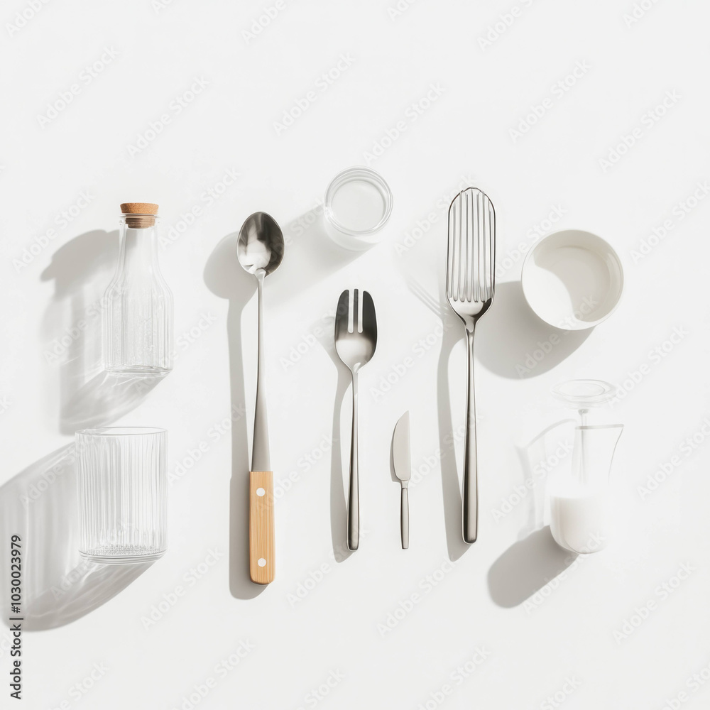 Artistic arrangement of kitchen utensils and glassware, showcasing modern aesthetic with minimalist touch. composition highlights elegance of everyday items Artistic arrangement of kitchen utensils and glassware, showcasing modern aesthetic with minimalist touch. composition highlights elegance of everyday items