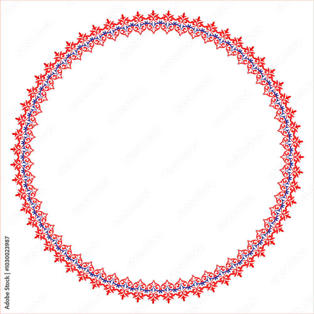 Vector Blue red round Kazakh national pattern frame. Ornamental circle. Ethnic pattern of nomadic peoples, Kyrgyz,  Kazakh, Mongols, Bashkirs, Turks. For round surfaces, textiles, ceramics