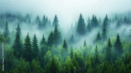 A misty, foggy morning envelops a fir forest in this atmospheric landscape.