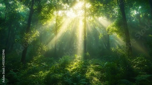 Morning sunlight filters through a lush green forest in this serene scene.