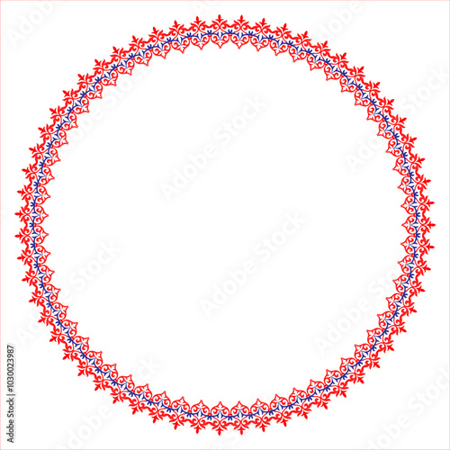 Vector Blue red round Kazakh national pattern frame. Ornamental circle. Ethnic pattern of nomadic peoples, Kyrgyz,  Kazakh, Mongols, Bashkirs, Turks. For round surfaces, textiles, ceramics