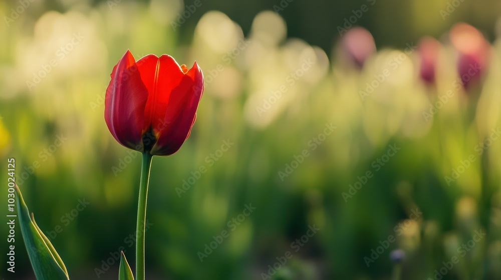 Single Bright Red Tulip Standing in A Field of Green Single Bright Red Tulip Standing in A Field of Green