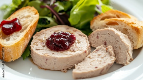 A plate of creamy pate with slices of baguette, a dollop of red jelly, and a bed of fresh salad greens.