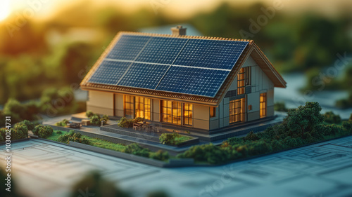 3D illustration of A solar panel project model placed on top of blueprints and architectural drawings, showcasing the design process in solar panel project construction