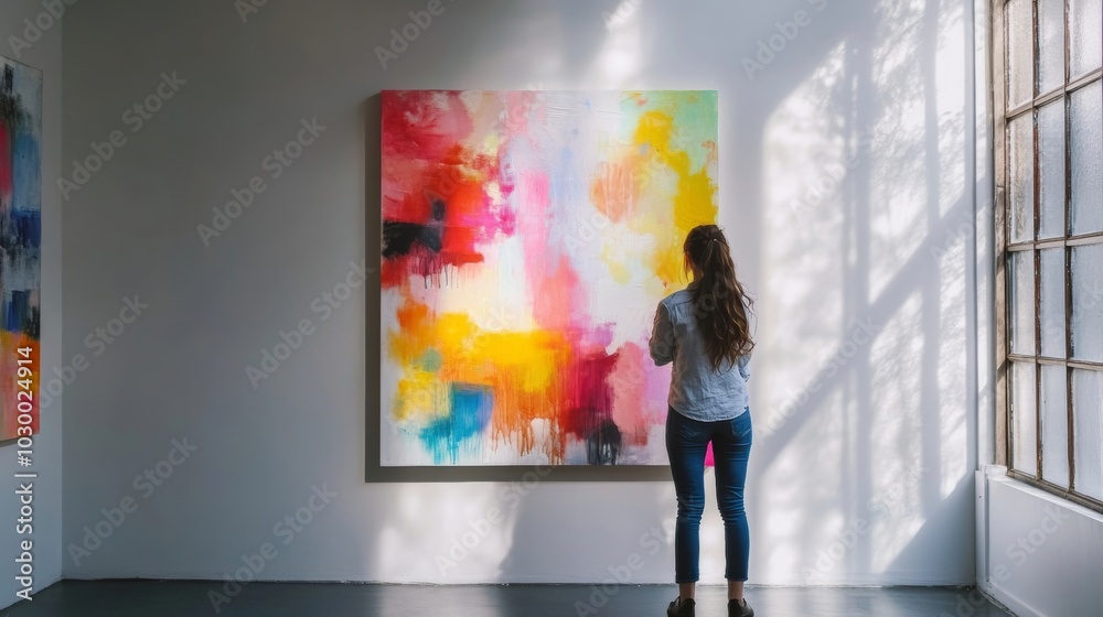 Naklejka premium A woman admires colorful abstract art in a bright gallery. The vibrant patterns spark inspiration and creativity.