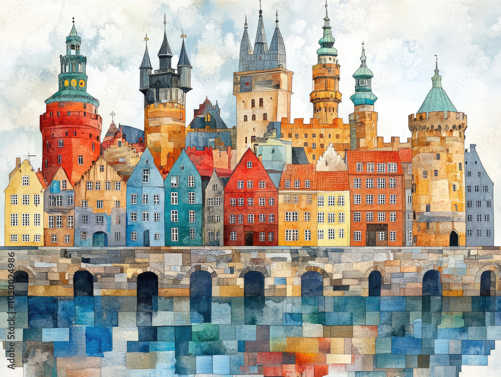 Fototapeta premium Denmark, Colorful medieval town with castles and stone bridge reflections 