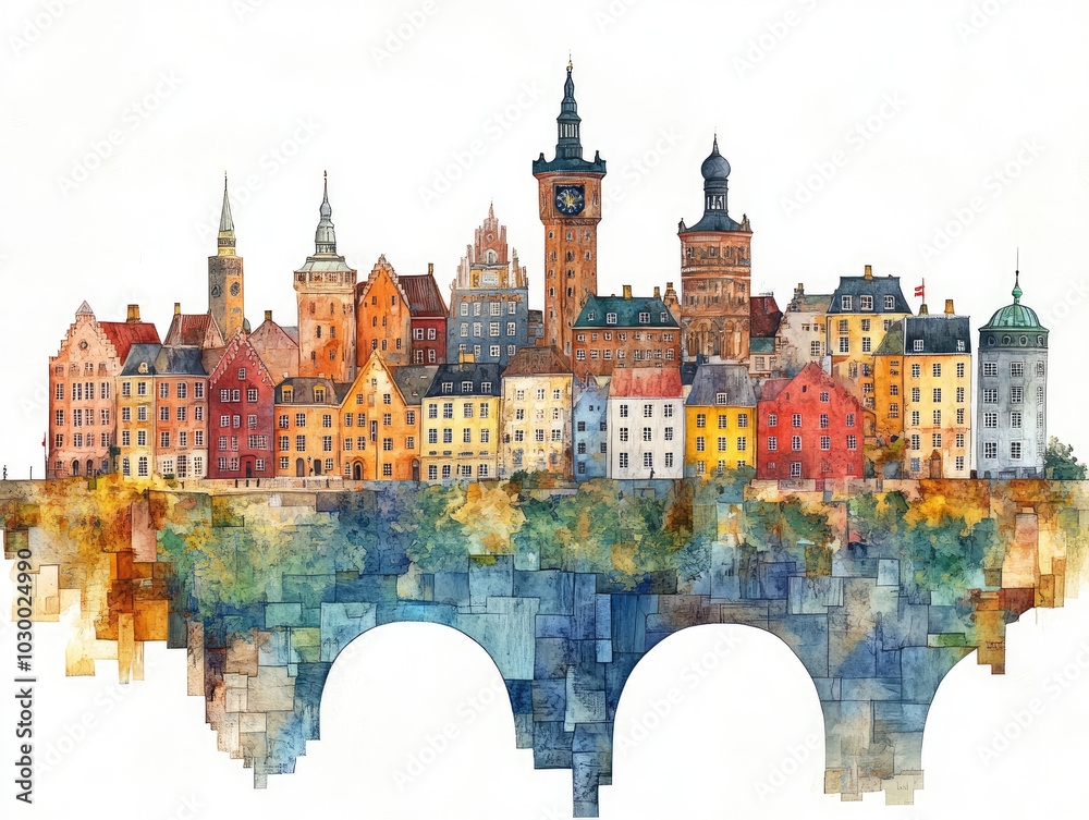 Fototapeta premium Denmark, Colorful medieval town with castles and stone bridge reflections 