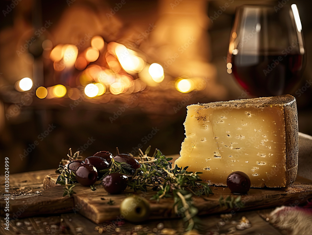 Cozy Scene with Asiago Cheese, Olives, Thyme, and Red Wine, Fireplace in Background