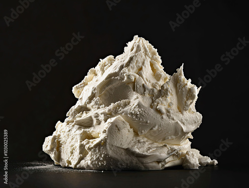 Scooped pile of Ricotta cheese with airy, slightly grainy texture, gently lit on a black background.