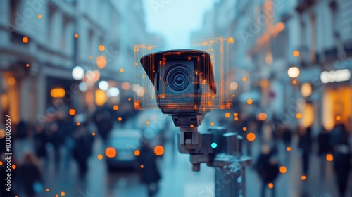 City surveillance camera with computer vision that recognizes objects and faces to identify threats and intelligent traffic control photo