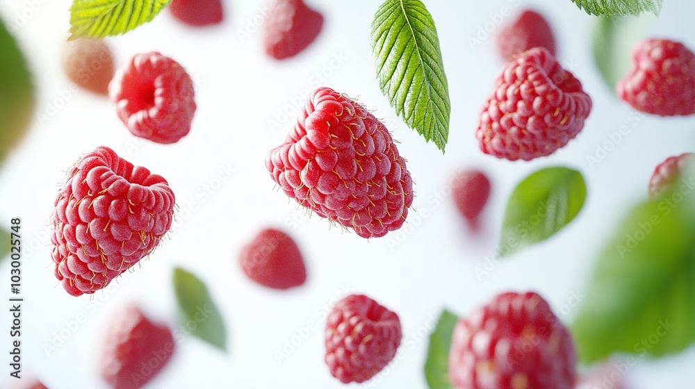 Isolated red raspberry with a vibrant green leaf, contrasting beautifully against a pure white background. A collection of raspberries with leaves in motion, creating a captivating visual