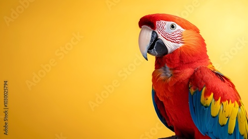 Vibrant and Colorful Close up Image of a Parrot Perched Against a Bright Yellow Digital Background Showcasing the Bird s Stunning Plumage in a Triadic Color Scheme photo