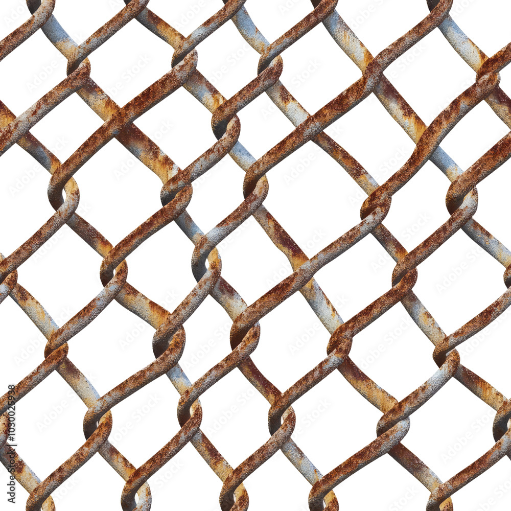 Fototapeta premium A detailed close-up of a rusty chain link fence, showcasing weathered metal and corrosion, symbolizing decay, age, and industrial texture