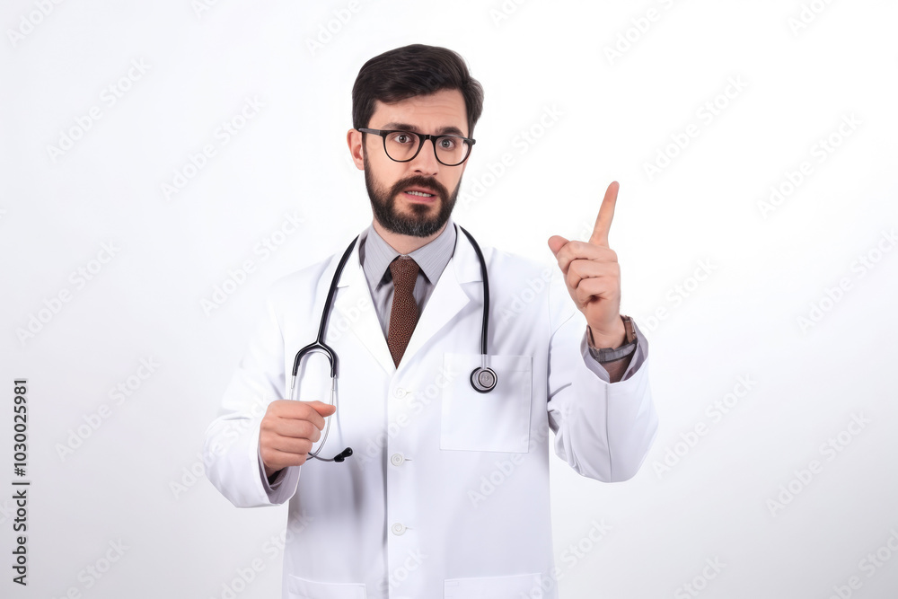 generated illustration of man over white background wearing a doctor gown and pointing up generated illustration of man over white background wearing a doctor gown and pointing up