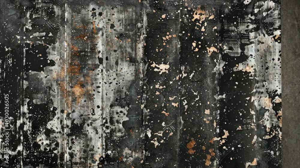 A close-up of a weathered, black surface with white and gold paint splatters A close-up of a weathered, black surface with white and gold paint splatters