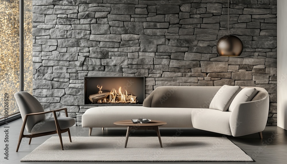Sofa and chair by the fireplace in the wild stone cladding wall. interior design of modern living room
Sofa and chair by the fireplace in the wild stone cladding wall. interior design of modern living room