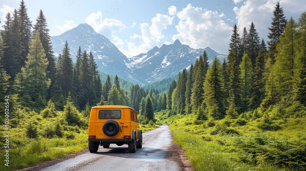 Car, Flat style, Travel, Model, Driving on the road, Green mountains in the background, Vivid colors, Car, Flat style, Travel, Model, Driving on the road, Green mountains in the background, Vivid colors,