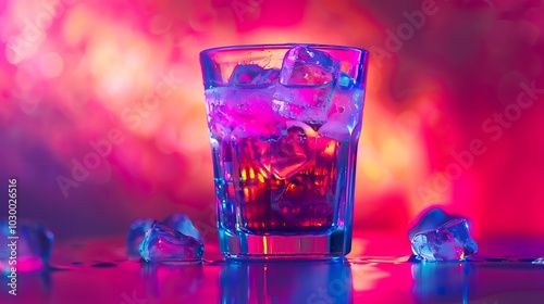 Cocktail with orange and ice cubes on a colorful background.