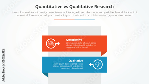 quantitative vs qualitative research data comparison opposite infographic concept for slide presentation with rectangle box vertical stack with flat style