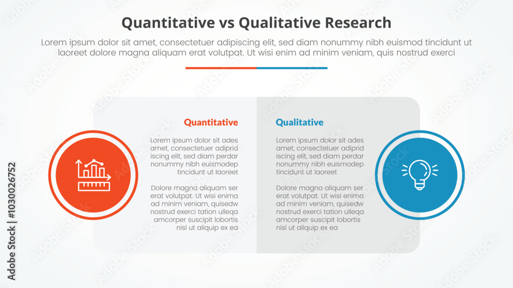 quantitative vs qualitative research data comparison opposite infographic concept for slide presentation with big box table and circle badge on side with flat style quantitative vs qualitative research data comparison opposite infographic concept for slide presentation with big box table and circle badge on side with flat style