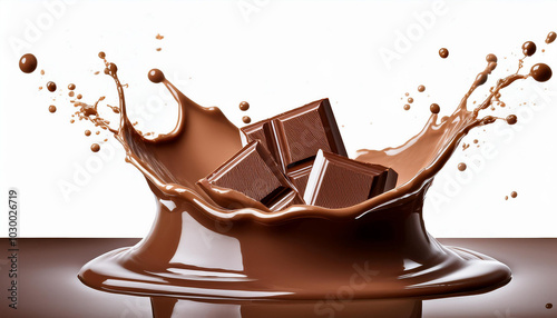 Chocolate milk streaks and drops splash with chocobar milk bars,realistic and voluminous on white background.Generative AI photo