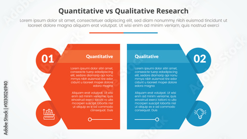 quantitative vs qualitative research data comparison opposite infographic concept for slide presentation with creative hexagon slice with circle badge with flat style