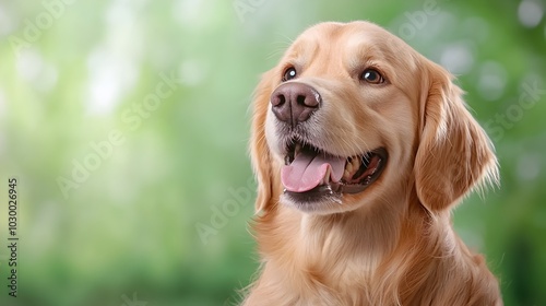 Captivating portrait of a golden retriever sitting in a soft pastel pink studio background its friendly and cheerful expression captured perfectly showcasing the dog s elegant and refined tone photo