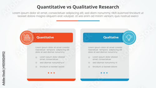 quantitative vs qualitative research data comparison opposite infographic concept for slide presentation with big box table and circle badge header with flat style