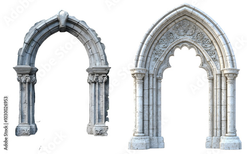 A Roman Gothicstyle stone archway with tall, pointed arches and floral motifs