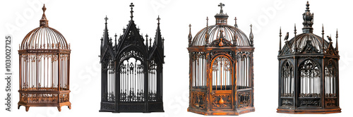 An ornate Gothic birdcage with tall spires and iron bars twisted into intricate designs