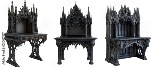 A Gothicstyle desk with a high back and spirelike decorations along the edges photo