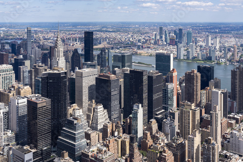 Aerial view of Manhattan skyline in New York City showcasing urban structures.