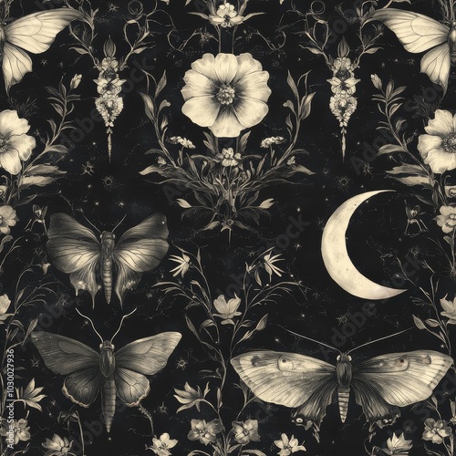 Gothic garden pattern with butterflies, moths, flowers, crescent moon seamless texture