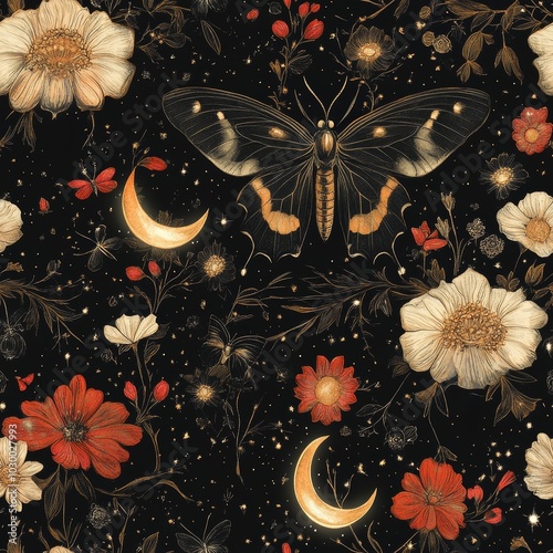 Gothic garden pattern with butterflies, moths, flowers, crescent moon seamless texture
