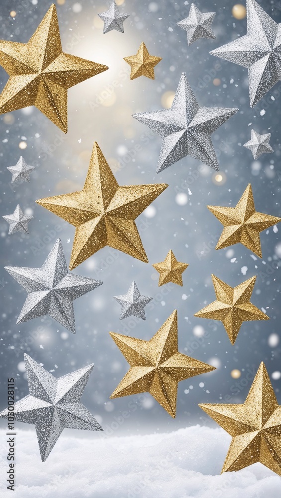 Shimmering silver and gold stars with snow background for invitation or card screensaver Shimmering silver and gold stars with snow background for invitation or card screensaver