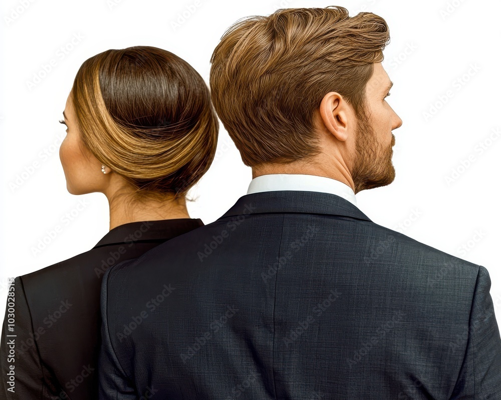 A stylish man and woman face away from each other, showcasing elegant hairstyles and modern suits against a clean, white background. A stylish man and woman face away from each other, showcasing elegant hairstyles and modern suits against a clean, white background.