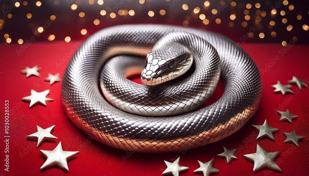 A stylized silver snake rests on a red background scattered with gold stars. Soft, warm lighting and bokeh effects create a festive, almost magical atmosphere A stylized silver snake rests on a red background scattered with gold stars. Soft, warm lighting and bokeh effects create a festive, almost magical atmosphere